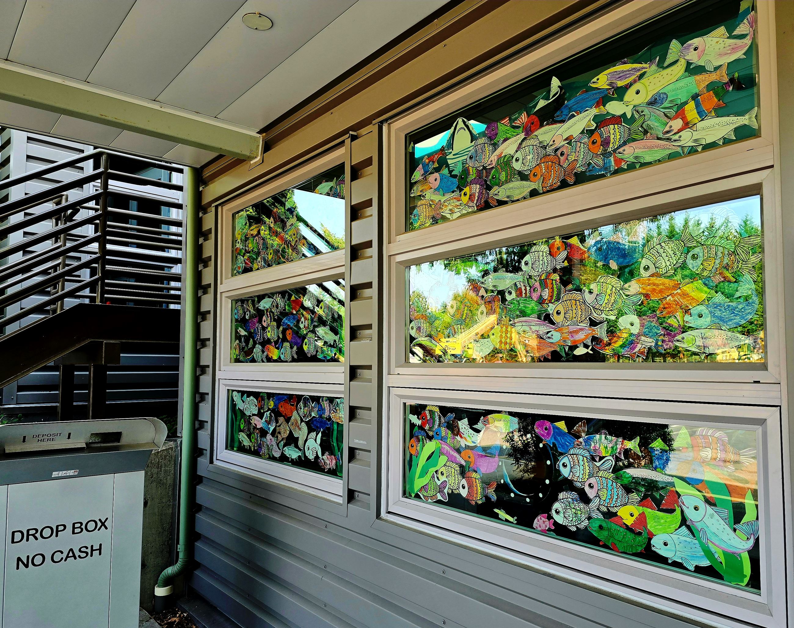 Photo of uniquely decorated fish in window at Covington Water District from Ready Set Play 2025.